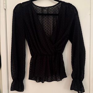 NWOT Aqua Black Sheer Swiss Dot Wrap Top with Tie Waist—NEVER WORN!!!